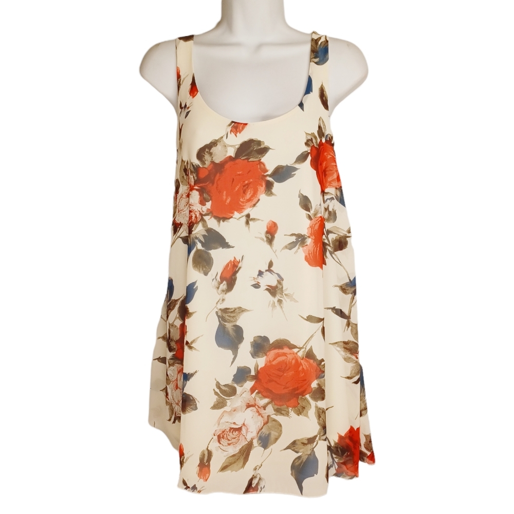 TOBI Red Colorful Floral Print Sleeveless Scoop Back Mini Ivory Dress Small NWT